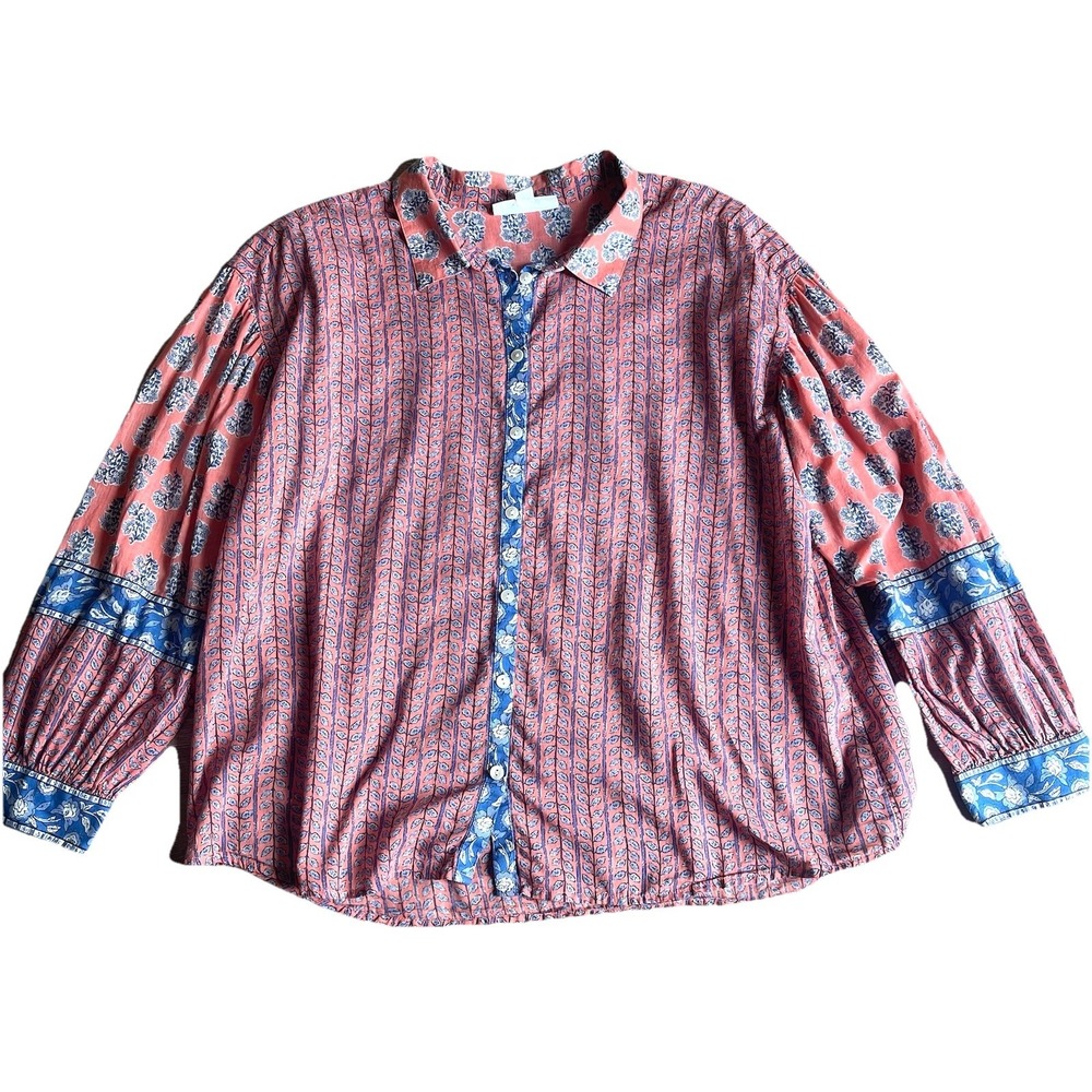 J Jill Organic Cotton Blouse Large Petite Floral Boho Button Front Lightweight